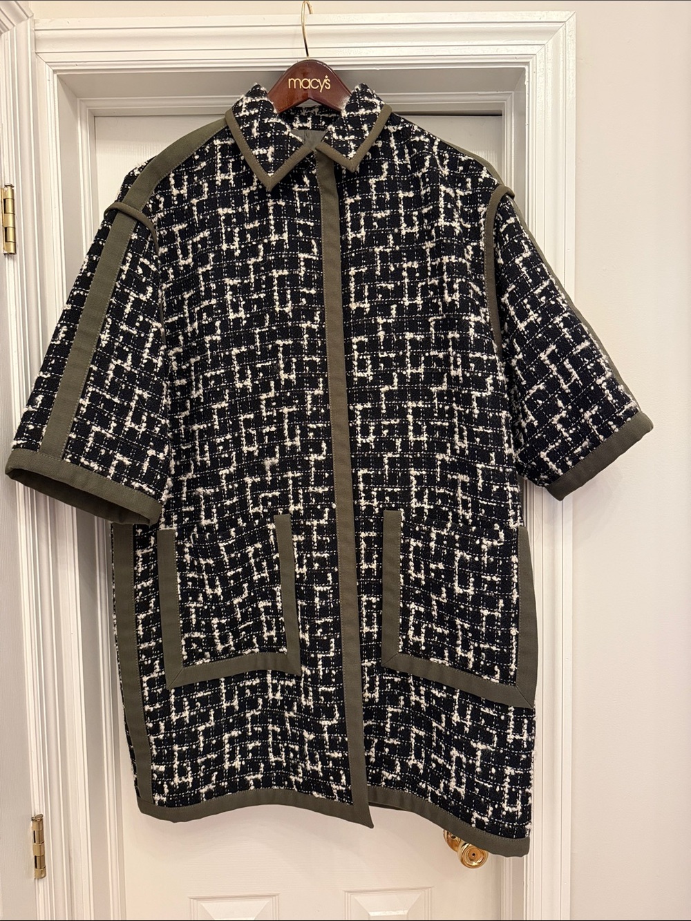 Olive Trim Black & White Tweed Short-Sleeve Emanuel Ungaro Coat